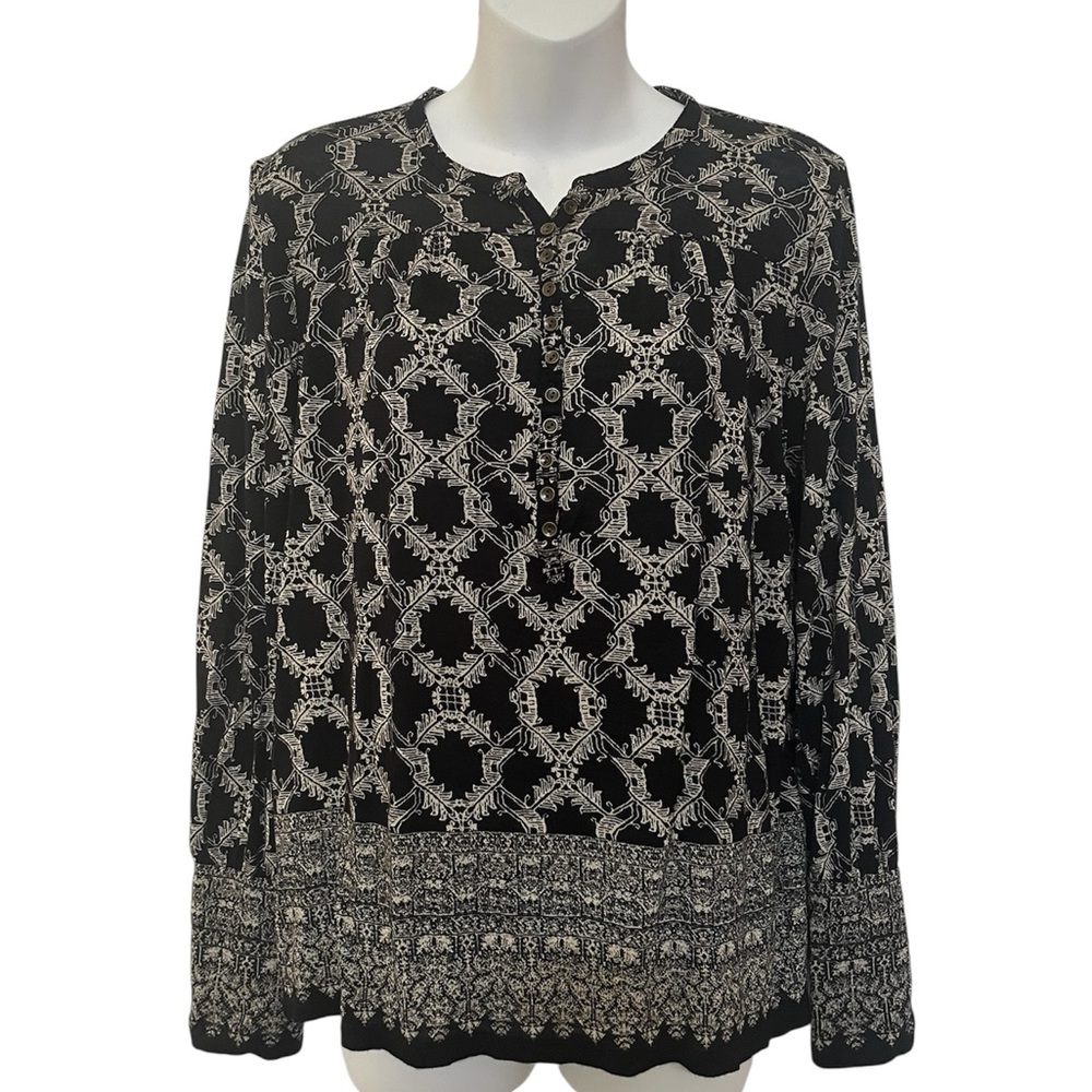 Lucky Brand Black Cream Blouse Top Boho Shirt Long Sleeve 1/4 Button Geometric M